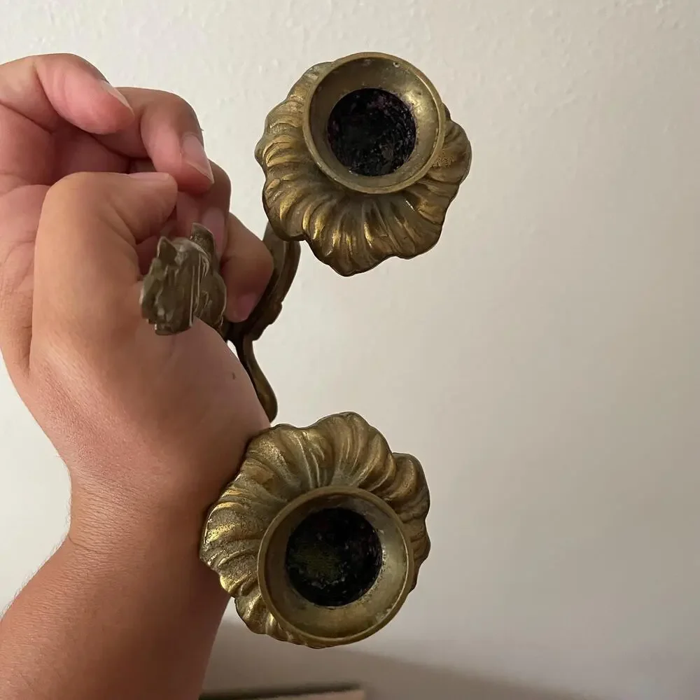 Vintage Ornate Cast Brass Double Arm Wall Candle Sconce Rococo Baroque Style